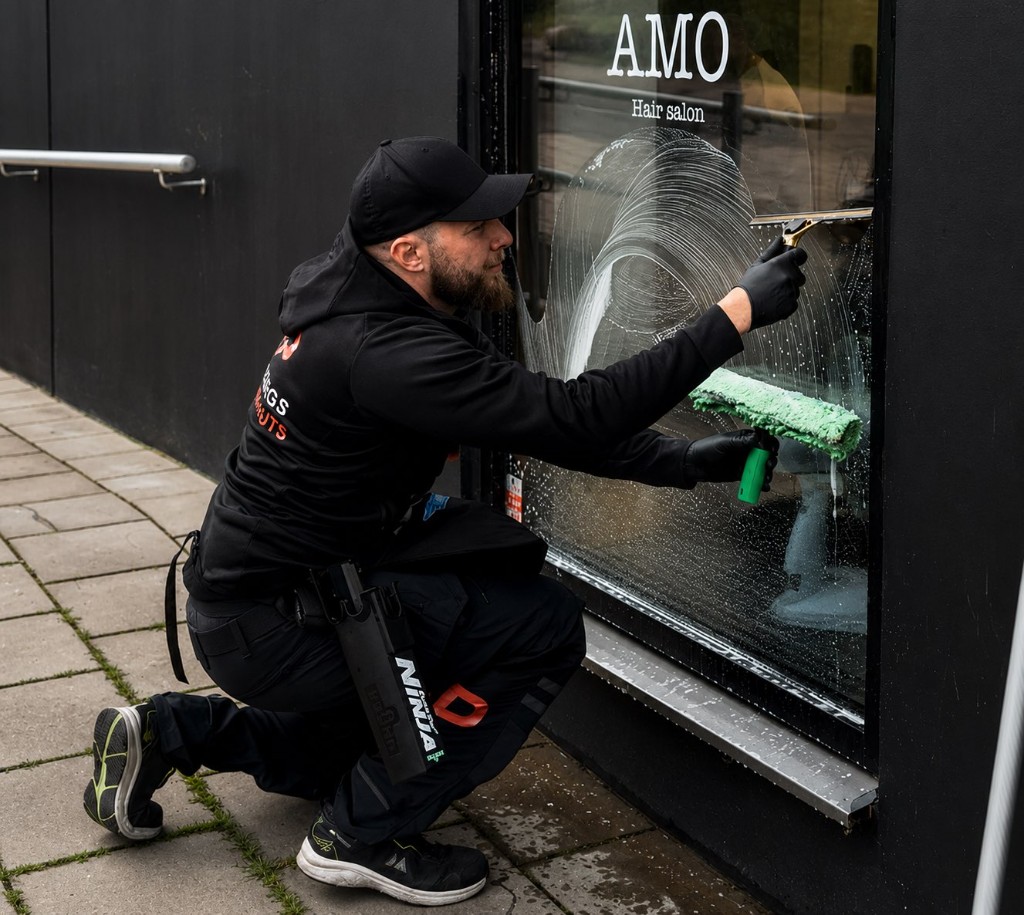 Tommy Forsberg putsar fönster på plats hos kund